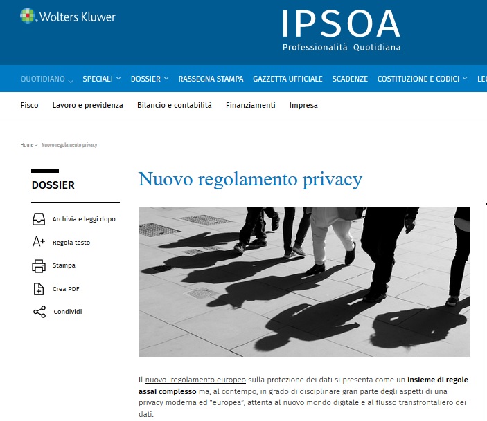 Nuovo Regolamento Privacy – Dossier IPSOA